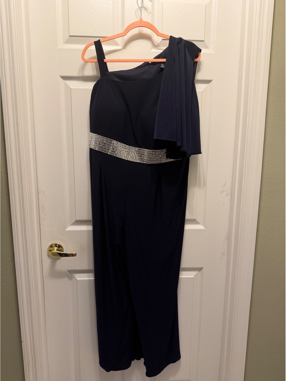 Roz & Ali Navy One Shoulder Cape Overlay Rhinestone Waist Wide Leg Jumpsuit 14